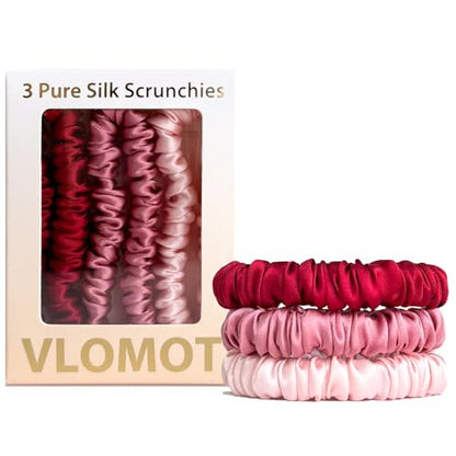 VLOMOT 3 Pcs Set 100% Pure Mulberry Silk Hair Scrunchies (Red) | Silk Hair Ties for Thin Hair with 3 Chic Colors Everyday Skinny Scrunchies Silk Ponytail Holders Hair Care No Damage - color: Red