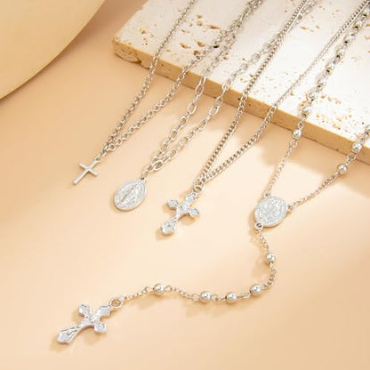 Layered Cross Necklace Set for Women, Layered Choker Necklaces Trendy Jewelry, Colorful Enamel Beaded Y-Shaped Lariat Necklace, Boho Multilayer Cross Necklace for Party and Daily Wear - color: Silver-03