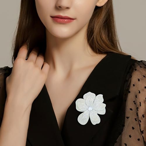 3.74 Inches Rhinestone Camellia Flower Brooch Pins & Hair Clips for Women Elegant Created Crystal Lapel Pin Brooches Wedding Party - color: White