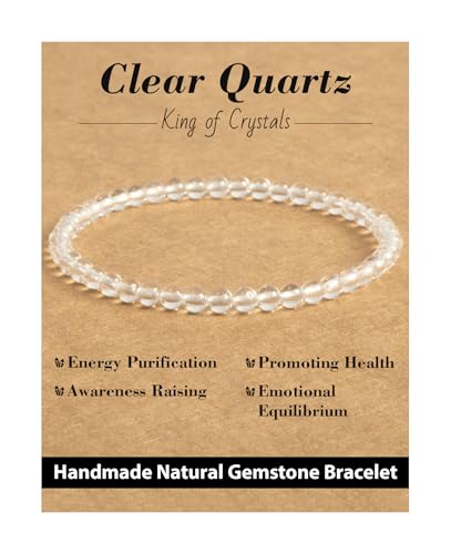 Natural Stone Beaded Bracelets for Men Women, 4mm 6mm 8mm | Healing Crystal, Protection Gemstone, Gift Packaging with Energy Card, Stretch Jewelry, Replacement Beads Included, 18 Stone - color: Clear Quartz(King of Crystals), size: 4mm