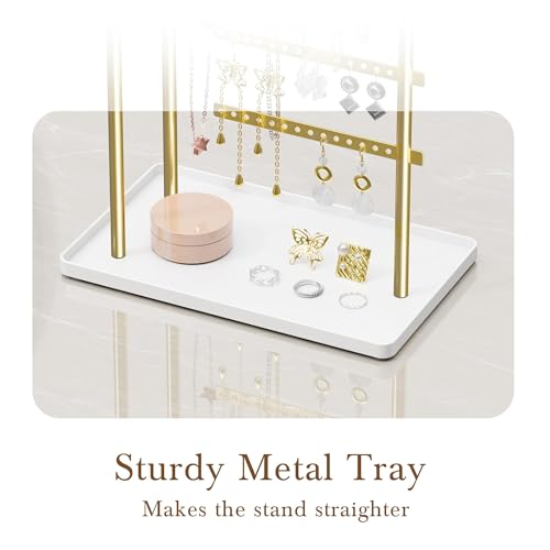 susswiff Jewelry Holder Organizer Stand - Adjustable Tall 17.5" (Max), Sturdy Jewelry Hanger for Necklaces, Earrings, Bracelets, Rings, Jewlery Display and Storage, Gold and White, Metal - color: Gold