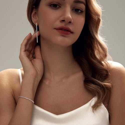 Luxval Tennis Necklace Set for Women Tennis Bracelets Diamond Earrings Sterling Silver Necklace Wedding Jewelry for Bride Silver Jewelry Sets for Women Gift - color: Silver-Linear tennis set