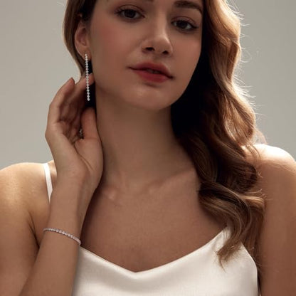 Luxval Tennis Necklace Set for Women Tennis Bracelets Diamond Earrings Sterling Silver Necklace Wedding Jewelry for Bride Silver Jewelry Sets for Women Gift - color: Silver-Linear tennis set