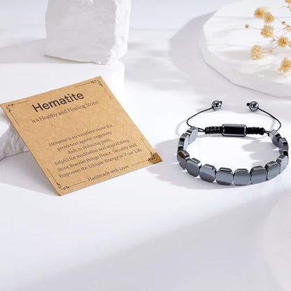Hematite Bracelet for Men, Natural Hematite Stone Handmade Braided Rope Bracelets Healing Grounding Balance Inspirational Jewelry Birthday Gift for Him - color: Hematite-1