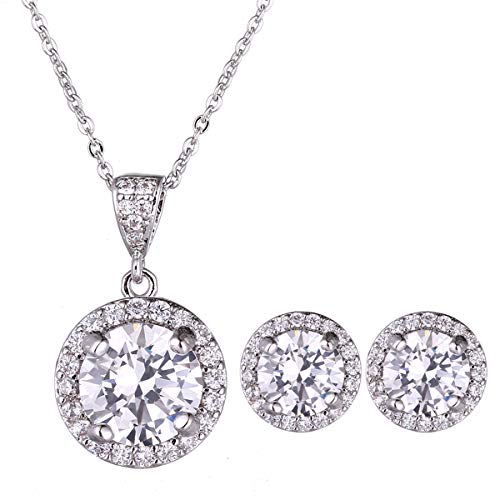 AMYJANE Halo Crystal Jewelry Set - Sterling Silver Round Cubic Zirconia Crystal Bridal Pendant Necklace Earrings Set for Wedding Bride Bridesmaids - color: Clear - Silver