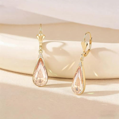 Teardrop Austrian Crystal Leverback Dangle Drop Earrings for Women | 14K Gold Plated,Classic Teardrop Elegance,Leverback for Easy Secure Wear,Gift Box Included, Brighten Up Daily and Party Looks - color: Light Topaz