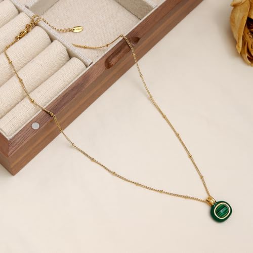 Jean Beau Gold Stone Pendant Necklaces for Women, Chunky Gemstone Dangle Necklace Wedding Prom Fashion Jewelry Gift - color: Malachite