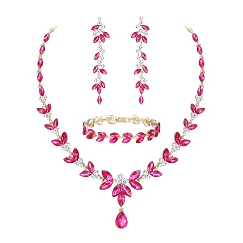EVER FAITH Marquise Crystal Leaf Bridal Prom Jewelry Set for Women Bride | Rhinestone Wedding Party Necklace Dangle Earrings Tennis Bracelet, for Bridesmaid - color: Hot Pink
