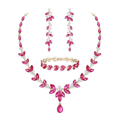 EVER FAITH Marquise Crystal Leaf Bridal Prom Jewelry Set for Women Bride | Rhinestone Wedding Party Necklace Dangle Earrings Tennis Bracelet, for Bridesmaid - color: Hot Pink