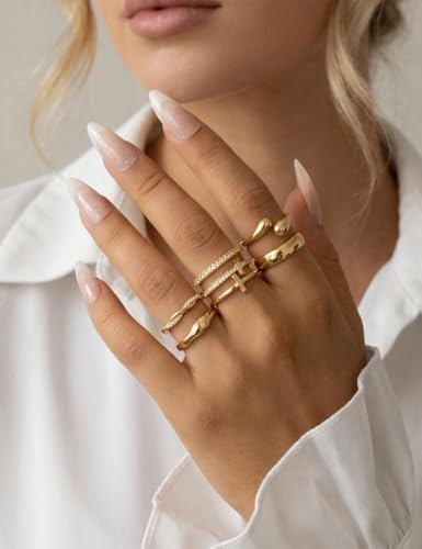 iF YOU Non Tarnish Chunky Gold Rings for Women, 14K Gold Plated Dainty Stackable Cross Cubic Zirconia Ring Set, Knuckle Stacking Pinky Thumb Ring Statement Wedding Bands Jewelry Size 4.5-10 - color: Gold-diamond cross