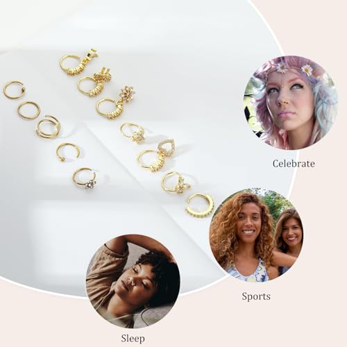 BSJ4U Hoop Nose Rings for Women Nose Piercings 20G Stainless Steel Nose Rings Hoops Heart Butterfly Flower Bow Teardrop Double Nose Hoops Gold Plated Silver Pink Clear CZ Nose Piercing Jewelry - color: Gold Plated Clear Nose Rings