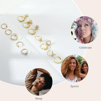 BSJ4U Hoop Nose Rings for Women Nose Piercings 20G Stainless Steel Nose Rings Hoops Heart Butterfly Flower Bow Teardrop Double Nose Hoops Gold Plated Silver Pink Clear CZ Nose Piercing Jewelry - color: Gold Plated Clear Nose Rings