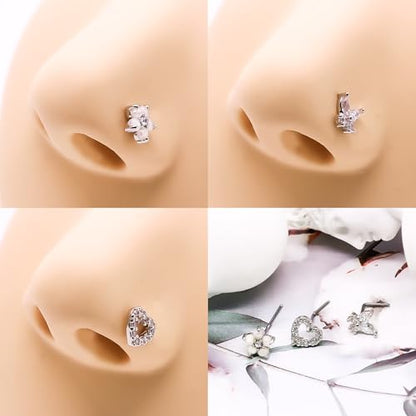 20G 3PCS Nose Ring Studs 316L Heart Nose Rings Nose Studs Butterfly and Flower Nose Stud Surgical Steel CZ L-Shaped Piercing Jewelry - color: Silver