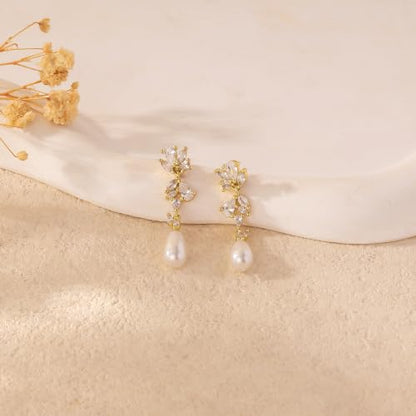 Pearl Earrings for Women:Gold Wedding Dangle Drop Earring Pearl Jewelry | 14K Gold Plated Pearl Drop Earrings for Women,Dainty Wedding Bride Earring Studs,Gold Dangle Drop Earring,Waterproof Jewelry - size: 1 pcs-15