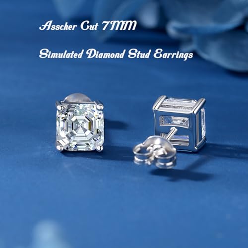 925 Sterling Silver 2-4 Carat Lab Simulation-Diamond Stud Earrings 5A Cubic Zirconia Stud Earrings Hypoallergenic White Gold Plated, Perfect Jewelry Gifts - style: Asscher Cut 7MM