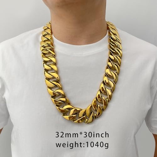 SDA Wide Chunky Gold Chain Necklace - Heavy and Waterproof 316L Surgical Steel with 18K Gold Plating for Modern Men and Women into Hip Hop Fashion - color: B476-32mm-Gold