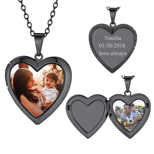 FindChic Locket Necklace for Women Custom Photo Memorial Gifts 4 Colors | Silver/Black/Rose Gold/Gold Plated Personalized for Loved Ones, Birthday Valentine's Day Keepsake - style: 16. Small Heart-Black