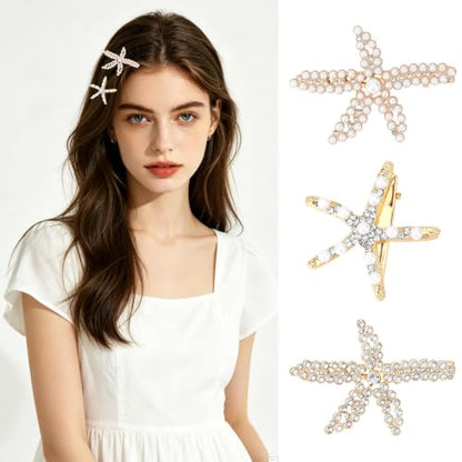 3PCS Starfish Hair Clips for Women Sparkly Crystal Pearl Hair Barrettes Gold Tone Ocean Themed Hair Accessories for Beach, Summer Vacation, Costume Party, Daily Wear