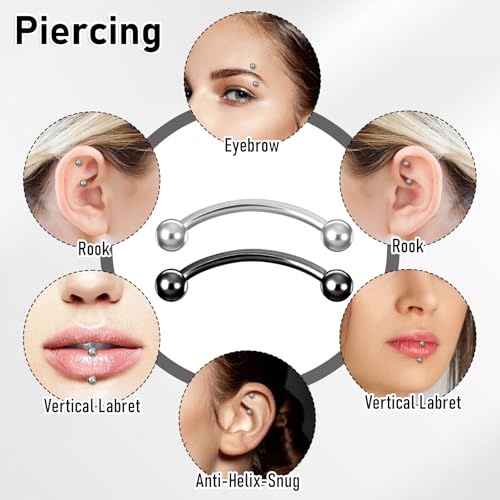 12pcs Curved Barbell Piercing Jewelry 16g Eyebrow Rook Piercing Jewelry | with 3mm Balls Stainless Steel Vertical Labret Lip Eyebrow Rings Tragus Helix Belly Lip Ring Body Piercings - color: Silver Black