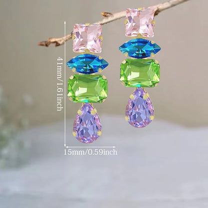 Dainty Sparkly Crystal Square Teardrop Circle Dangle Drop Earrings Long Chic Glitter Rhinestones Geometry Stud Earrings For Women - style: Colorful