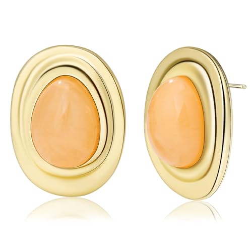 Resin Statement Chunky Gold Drop Earrings Big Vintage Colorful Oval Stud | Acrylic Teardrop Boho Hypoallergenic Jewelry Unique Everyday Funky Vacation Cool Large Oversized Bold Outfit for Women Trendy - color: Orange