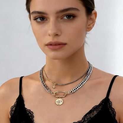 Layered Necklace Set for Women, Mixed Metal Evil Eye Charm Jewelry, Trendy | Mixed Metal Layered Necklace with Evil Eye, Star and Spike Charms for Women Who Love Trendy Boho & Edgy Jewelry - style: 2PCS