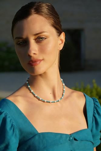 PEARLADA Turquoise Beaded Choker Necklace Chakra Stone Necklace Adjustable - color: Turquoise Beads 3mm