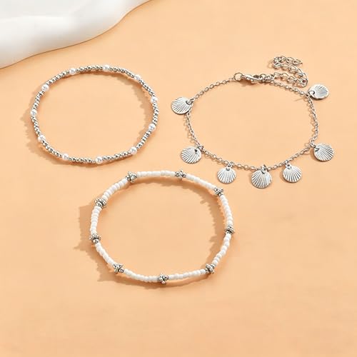 Gold Anklets Bracelets for Women Waterproof Layered Beaded Anklet Bracelets Set Boho Pearl Starfish Shell Anklet Bracelet Stacked Turquoise Anklets Bracelet Summer Beach Foot Jewelry Gift for Women - style: Silver Beaded