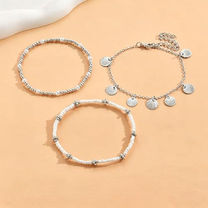 Gold Anklets Bracelets for Women Waterproof Layered Beaded Anklet Bracelets Set Boho Pearl Starfish Shell Anklet Bracelet Stacked Turquoise Anklets Bracelet Summer Beach Foot Jewelry Gift for Women - style: Silver Beaded
