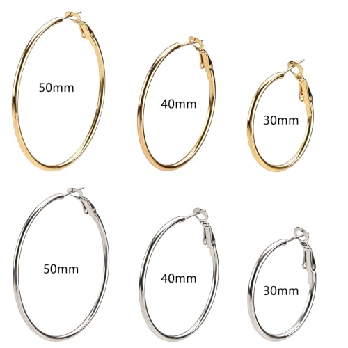 316 Stainless Steel Hoop Earrings 6 Pairs Gold Silver 30/40/50mm Sizes Set | Gold Silver Hoop Earrings for Women, 316 Stainless Steel 14K Gold Plated Hypoallergenic Lightweight Hoops Set 30/40/50mm