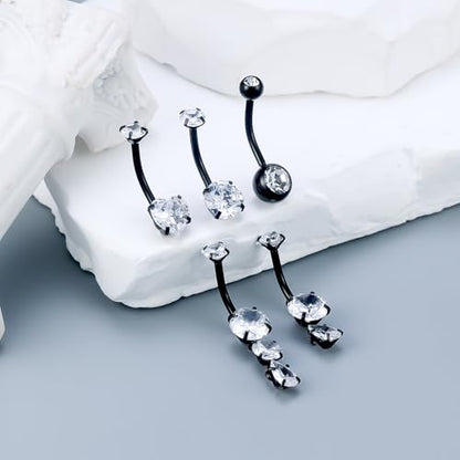Vsnnsns 14G Dangle Belly Button Ring Piercing Jewelry 316L Stainless Surgical Steel Round Heart Cubic Zirconia Navel Rings Dangling Belly Button Ring Piercing Jewelry for Women 14 Gauge Hypoallergenic - color: Black-14MM Bar-Clear CZ