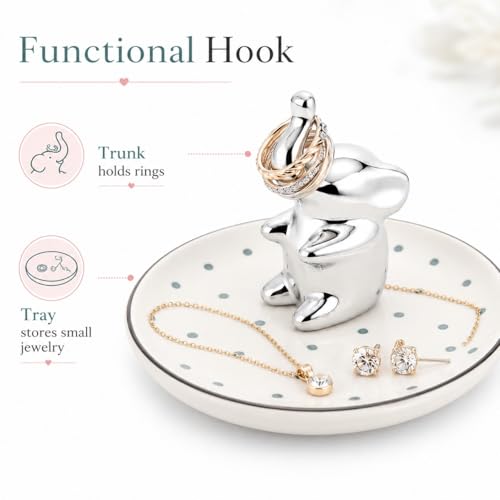 Ring Holder Jewelry Dish Elephant Ceramic Trinket Tray for Rings Earrings Necklace Bracelet Keys, Silver Elephant Jewelry Organizer Dish for Vanity Nightstand Bathroom Countertop - color: Elephant