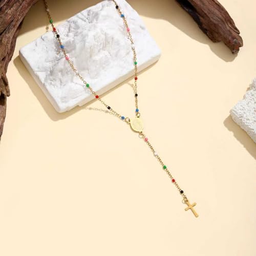 KURTCB Rhinestone Necklace for Women Boho Long Y Lariat Gold Necklace Stack Colorful Summer Beach Jewelry - color: Gold Rainbow