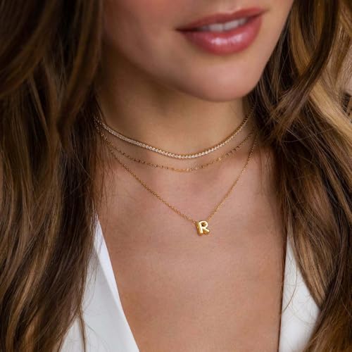Initial Necklaces for Women Bubble Gold Silver Letter Necklace Dainty Personalized Charm Pendant Name Necklace Cute Non Tarnish Fashion Accessories Teen Gift Trendy Stuff Jewelry Gifts - color: Gold, style: R