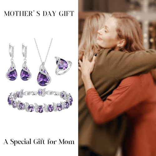EVER FAITH Wedding Jewelry Set for Bride Bridesmaid, Glamour Teardrop Cubic Zirconia Pendant Necklace Earrings Tennis Bracelet Open Ring Sets for Birthday/Valentine's Day/Mother's Day/Christmas - color: A_Purple Silver-Plated-Brass
