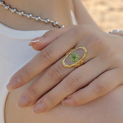 Hebelee Handmade Dried Flower Statement Ring for Women | Gold-Toned Stainless Steel,Adjustable,Pressed Blossom Forget-Me-Not Flowers Open Band Rings,Wedding Holiday Jewelry - color: Hammered Oval A