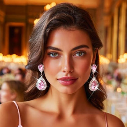 Unicra Silver Rhinestone Teardrop Earrings Crystal Wedding Bridal Dangle Earrings Prom Drop Earrings for Women and Brides - color: Pink