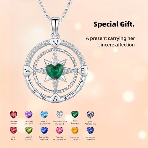 Compass Birthstone Necklace for Women S925 Sterling Silver with Cubic Zirconia - Birthday Jewelry gift for her, Girlfriend, Wife, Mom on Birthday, Anniversary - color: 05 - Emerald