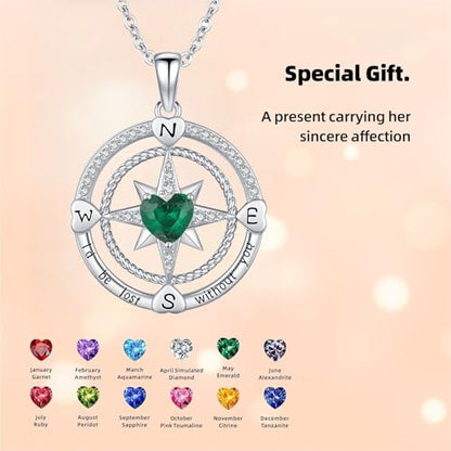 Compass Birthstone Necklace for Women S925 Sterling Silver with Cubic Zirconia - Birthday Jewelry gift for her, Girlfriend, Wife, Mom on Birthday, Anniversary - color: 05 - Emerald