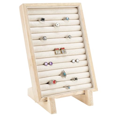 PH PandaHall Rings Display Stand Tray, 13 Slots Wooden Earring Storage Holder Velvet Jewelry Display Rack Ring Organizer for Jewelry Retail Display Selling Home Show Storage, 9.8x7.1 inch