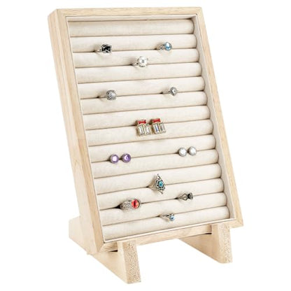 PH PandaHall Rings Display Stand Tray, 13 Slots Wooden Earring Storage Holder Velvet Jewelry Display Rack Ring Organizer for Jewelry Retail Display Selling Home Show Storage, 9.8x7.1 inch