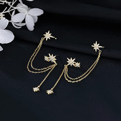 SLUYNZ 925 Sterling Silver Fashion Star Cuff Earring Chain for Women Star Crawler Earring Wrap Earrings - color: Pair-D-Yellow