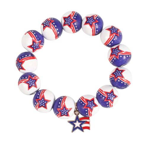 Independence Day Wooden Beaded Bracelet for Women American Flag Red White Blue Beads Stretch Bracelet with Star Heart Charms 4th of July Jewelry - color: Star
