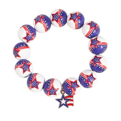 Independence Day Wooden Beaded Bracelet for Women American Flag Red White Blue Beads Stretch Bracelet with Star Heart Charms 4th of July Jewelry - color: Star