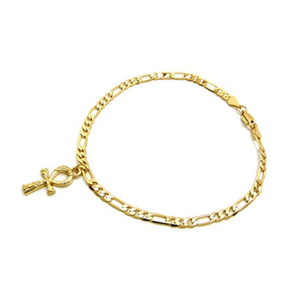 Fashion 21 Women's Cross, Ankh, Queen Nefertiti Piece 10 inches Figaro Chain Anklet Foot Bracelet in Gold Tone - style: Mini Ankh / Figaro