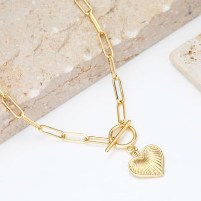 Chunky Gold Necklace for Women, 18K Waterproof Heart Necklace Statement Necklace Gold Charm Necklace Chunky Jewelry Paperclip Chain Choker Gift for Women - style: Heart Charm Toggle