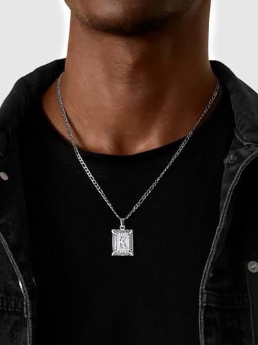 U7 Initial Letter Necklace for Men Women, 14K Gold/Silver Plated Square Capital Monogram Pendant Necklace from A-Z with 22+2 Inch Figaro Chain, Personalized Jewelry for Him - color: Silver, style: K