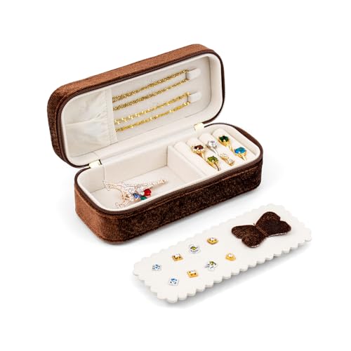 BONNY DODO Small Travel Jewelry Box Organizer for Women with Plush Velvet | Brown Portable Mini Jewelry Case Compact Storage Holder for Earrings Rings Necklaces Bracelets, Small Travel Jewelry Gift Box - color: Brown, size: 6.2*2.6