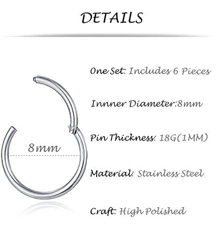6-8Pcs 20G-18G-16G-14G Stainles Steel Clicker Ring Seamless Lip Nose Daith Cartilage Helix Tragus Hoop Ring - style: A1:6 Pcs,18G（1mm） Pin Thickness