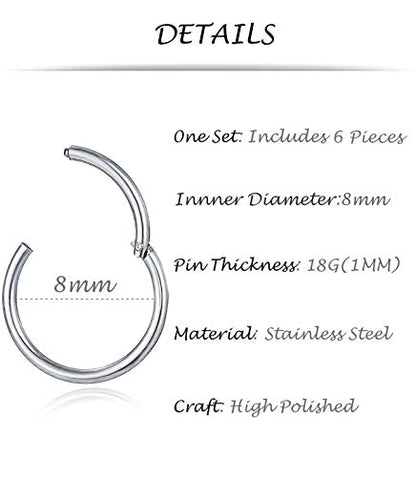 6-8Pcs 20G-18G-16G-14G Stainles Steel Clicker Ring Seamless Lip Nose Daith Cartilage Helix Tragus Hoop Ring - style: A1:6 Pcs,18G（1mm） Pin Thickness